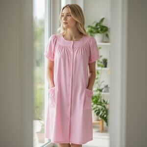 Vintage Pink Nightgown Robe House Dress Embroidered Rose Scalloped Sleeves